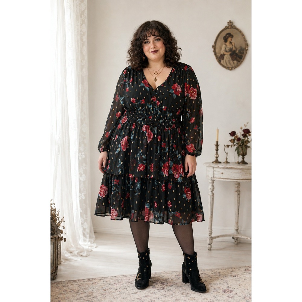Boho Whimsigoth Torrid BlackFloral RoseGold Foil Dot Tier Smocked Midi 3X Dress
